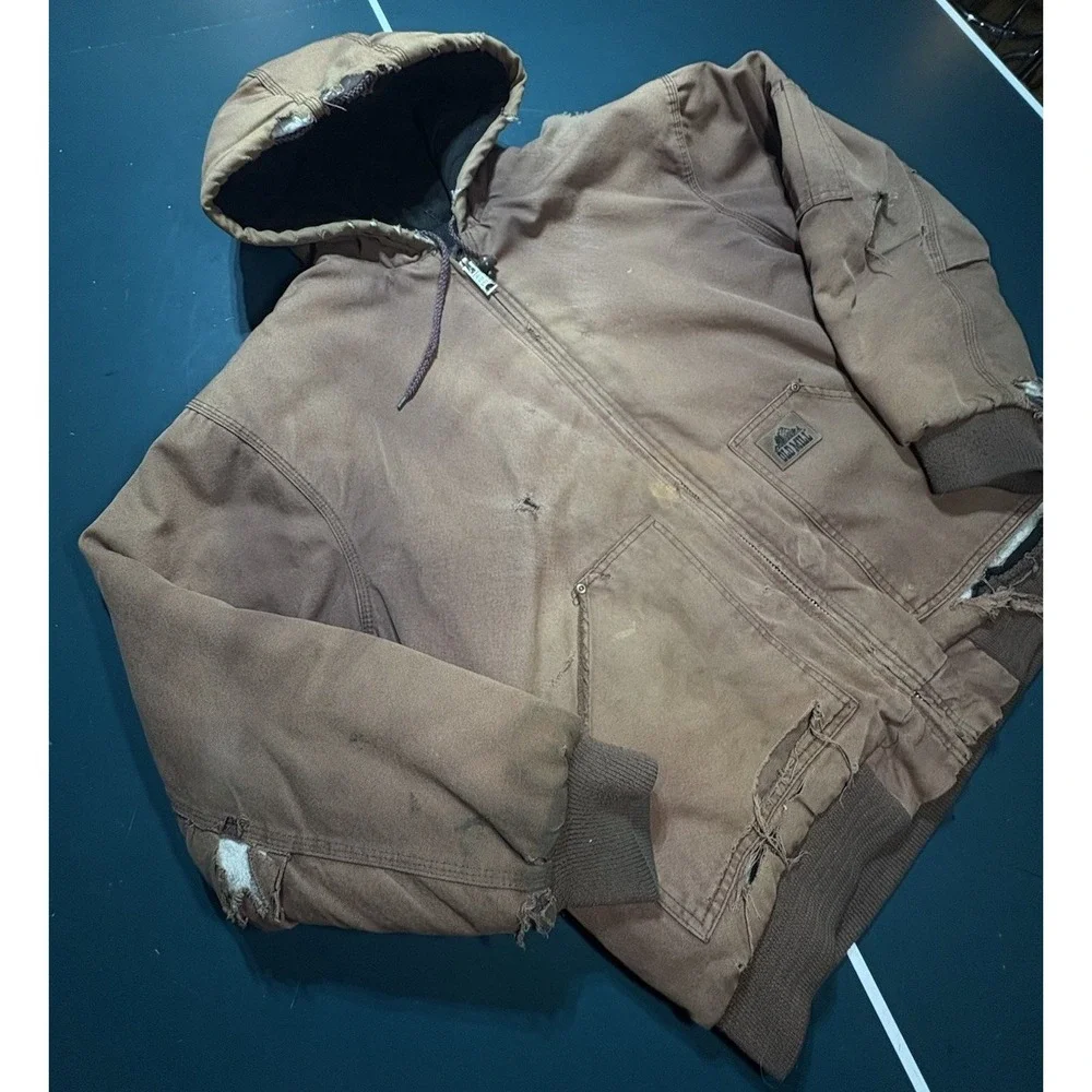 Vintage Canvas Hooded Work Jacket Distressed  Sun Faded Brown Mens Size XL‎